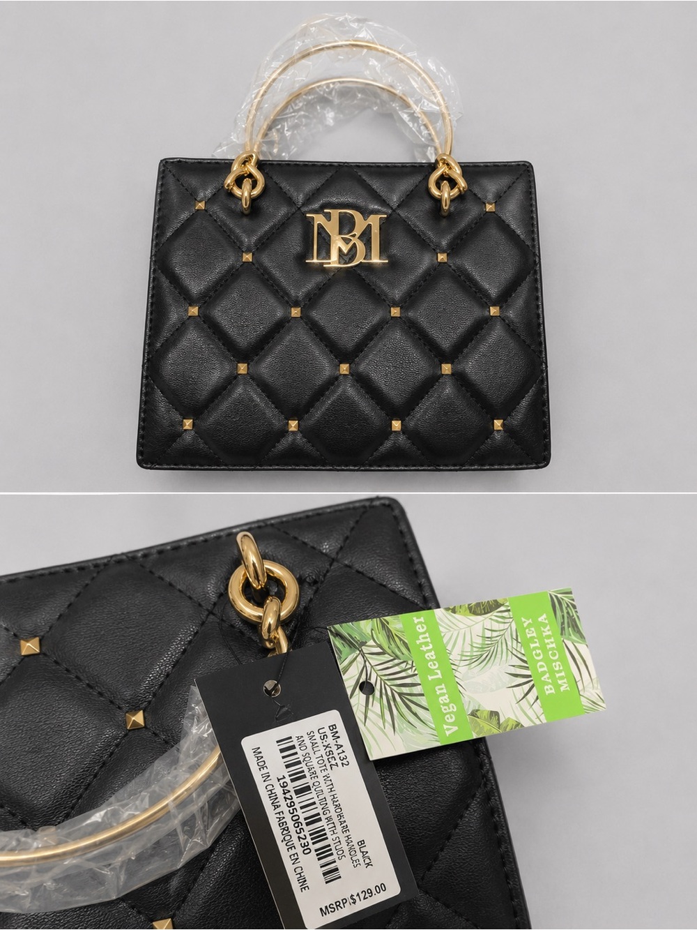 Badgley Mischka Quilted Black Top-Handle Bag with Gold Hardware NWT